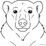 Black and white line art of a friendly polar bear head with large eyes and a rounded snout, ready for children to color.