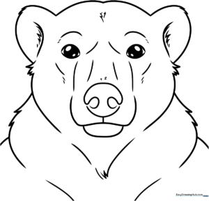 Black and white line art of a friendly polar bear head with large eyes and a rounded snout, ready for children to color.