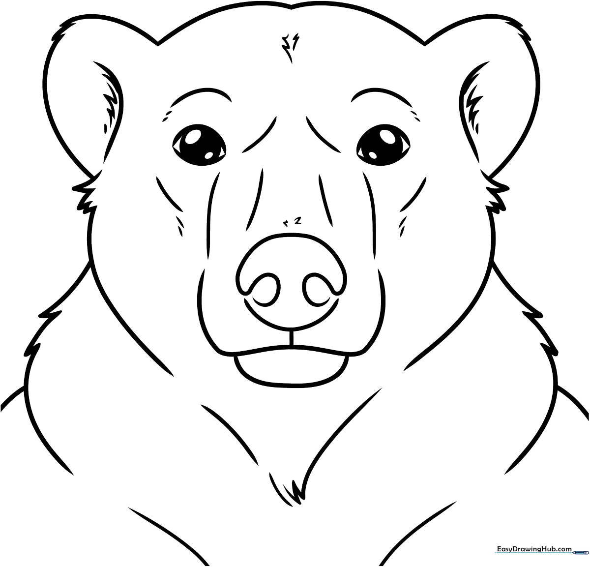Black and white line art of a friendly polar bear head with large eyes and a rounded snout, ready for children to color.