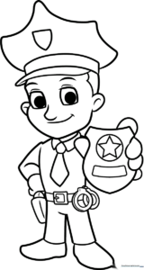 A friendly cartoon police officer standing in uniform, featuring clear outlines for easy coloring by young children.