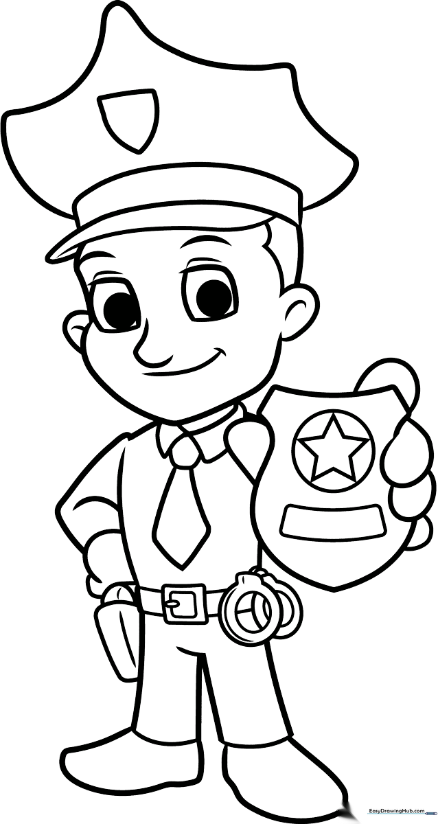 A friendly cartoon police officer standing in uniform, featuring clear outlines for easy coloring by young children.