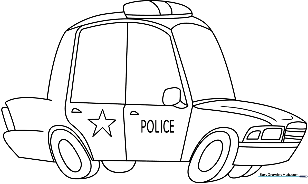 Black and white line art of a cartoon police car with a siren on top, designed for children to color.
