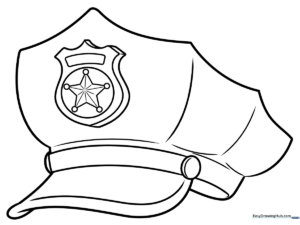 Black and white line art of a police officer's cap with a badge in the center, designed for children to color.