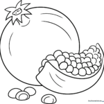 Black and white line art of a whole pomegranate with a small leaf, designed for children to color.