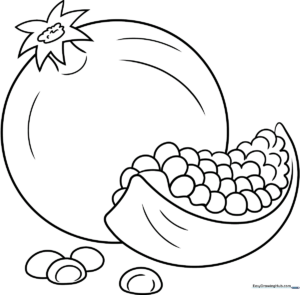Black and white line art of a whole pomegranate with a small leaf, designed for children to color.