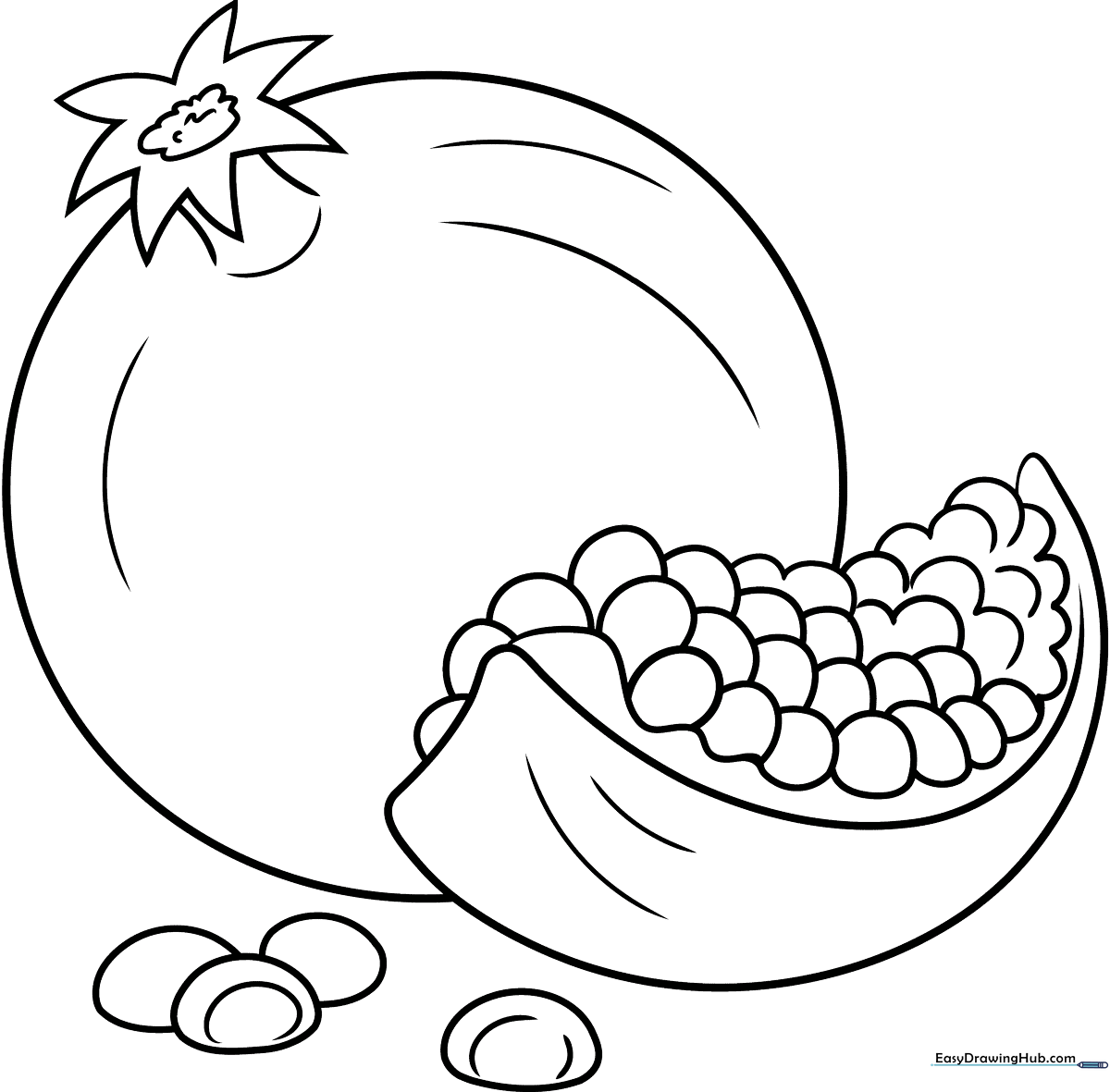 Black and white line art of a whole pomegranate with a small leaf, designed for children to color.