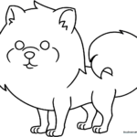 A friendly cartoon Pomeranian with a fluffy coat and expressive eyes, outlined in bold black lines for easy coloring by children.