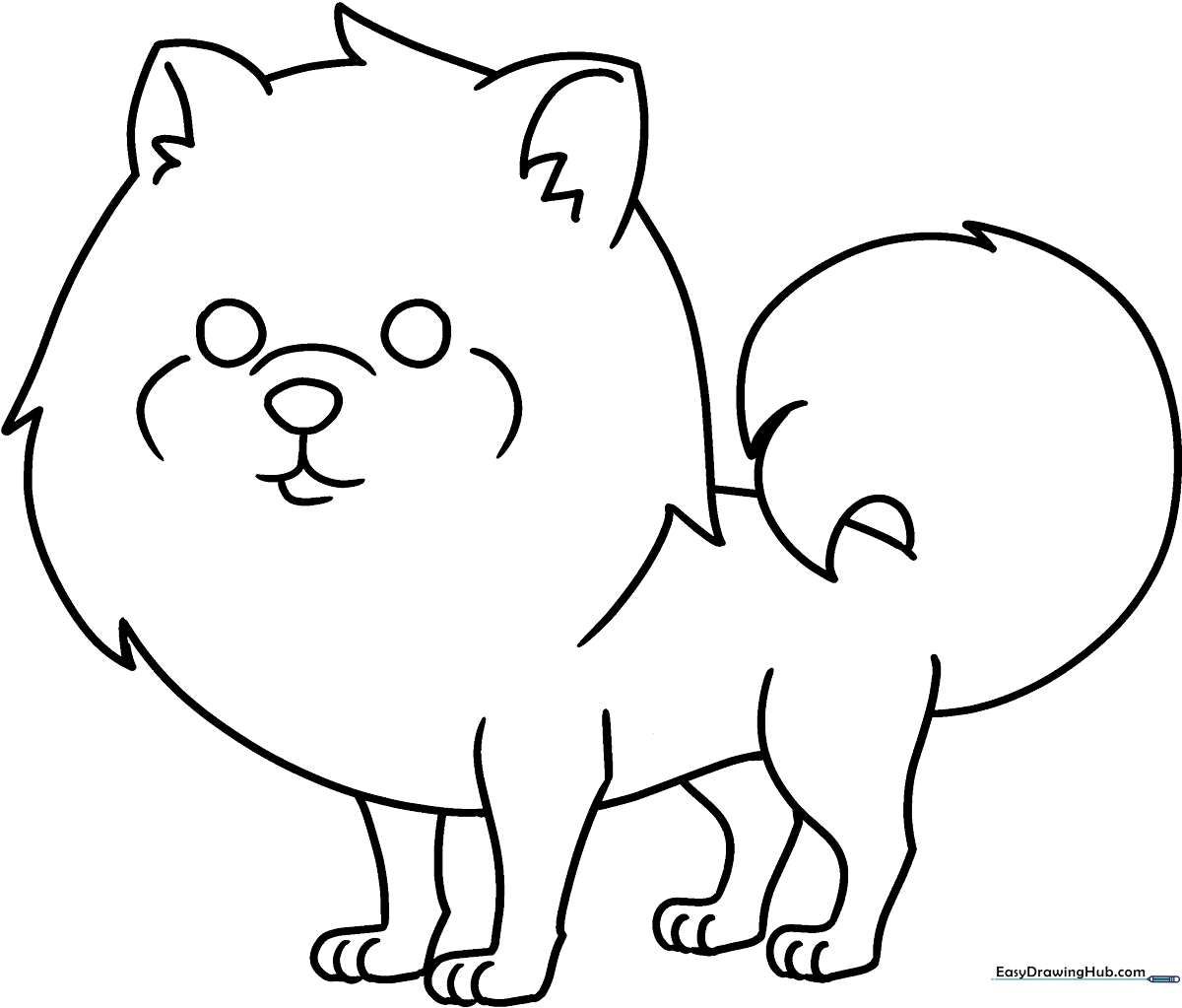 A friendly cartoon Pomeranian with a fluffy coat and expressive eyes, outlined in bold black lines for easy coloring by children.