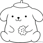 Black and white line art of Pompompurin wearing his signature brown beret, ready for children to color with markers or crayons.