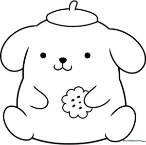 Black and white line art of Pompompurin wearing his signature brown beret, ready for children to color with markers or crayons.