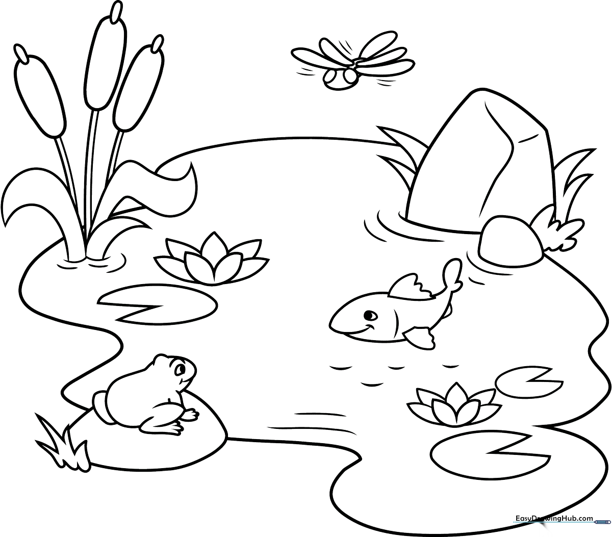 Black and white line art of a peaceful pond with lily pads, reeds, and a small fish, designed for children to color.