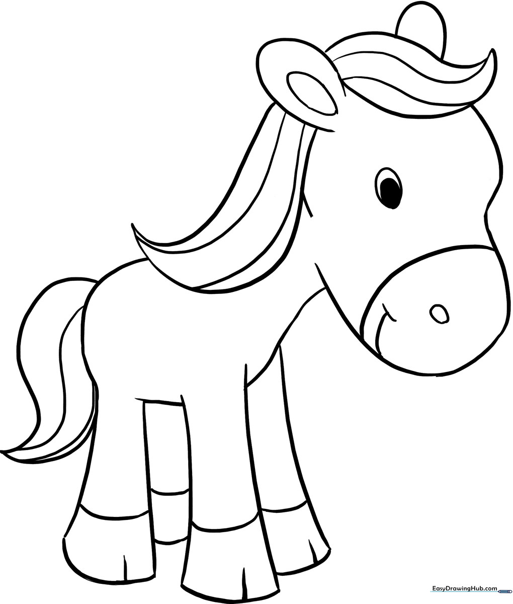 A clean, black-and-white line art illustration of a cute pony with a flowing mane and tail, designed for children to color with markers or crayons.