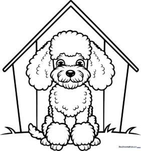 A friendly cartoon poodle puppy with curly fur sitting inside a wooden doghouse, featuring clear outlines for easy coloring by children.