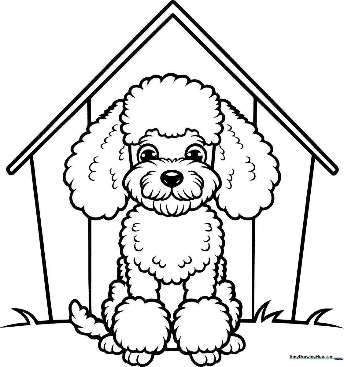 A friendly cartoon poodle puppy with curly fur sitting inside a wooden doghouse, featuring clear outlines for easy coloring by children.