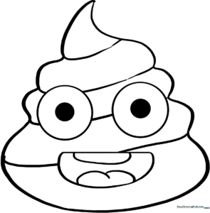 Black and white line art of a smiling poop emoji with large, expressive eyes, ready for children to color.