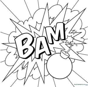 Black and white line art illustration of a Pop Art composition featuring bold graphic elements and patterns for children to color.