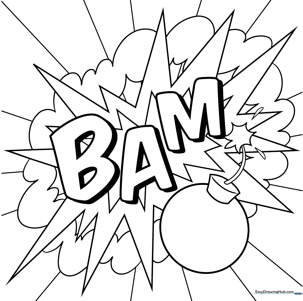 Black and white line art illustration of a Pop Art composition featuring bold graphic elements and patterns for children to color.