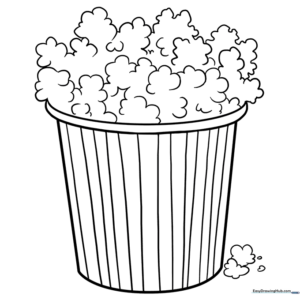 Black and white line art of a classic striped popcorn bucket overflowing with fluffy, rounded popcorn kernels ready for coloring.