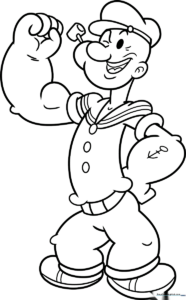 Black and white line art of Popeye the Sailor standing in his classic pose, featuring bold outlines for easy coloring by children.