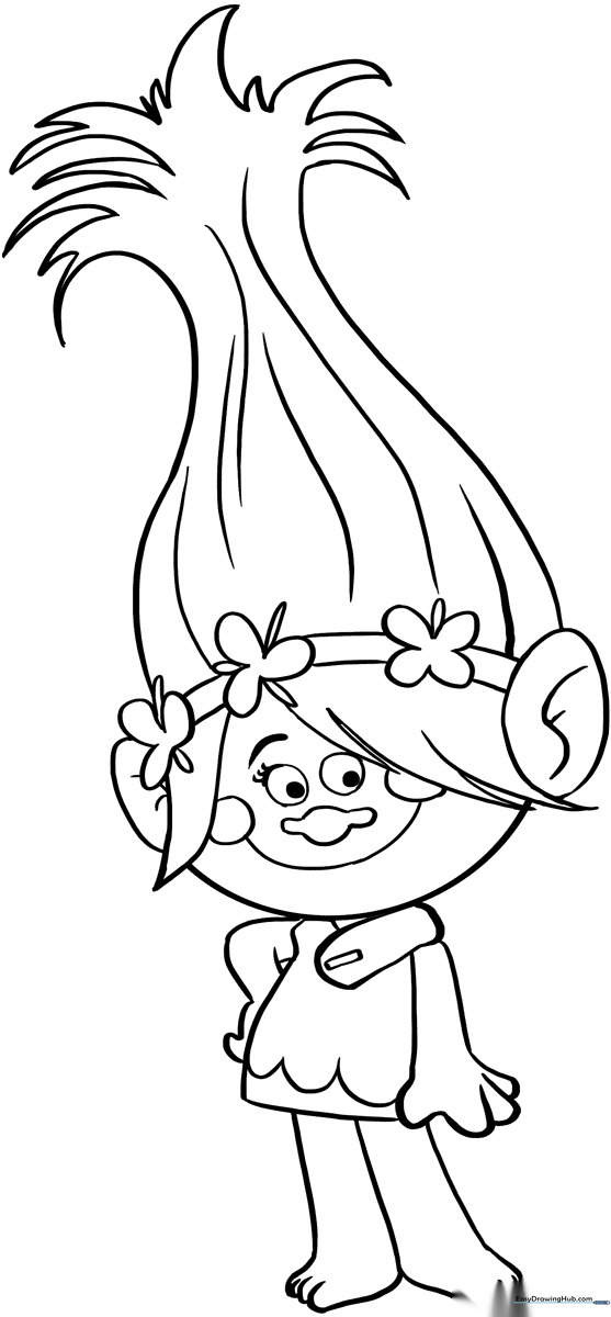 Black and white line art of Poppy from Trolls featuring her signature tall hair and headband, ready for coloring with crayons or markers.
