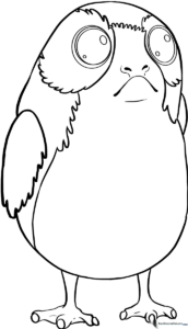 Black and white line art of a Porg from Star Wars with large expressive eyes and small wings, designed for children to color.