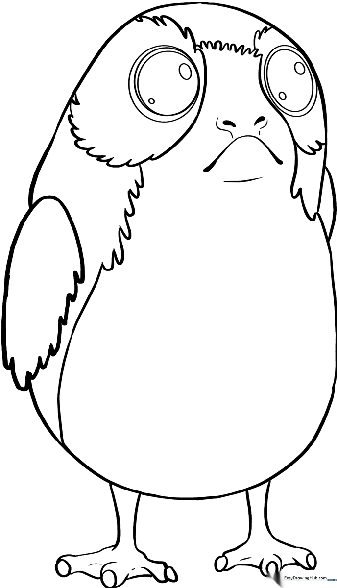 Black and white line art of a Porg from Star Wars with large expressive eyes and small wings, designed for children to color.