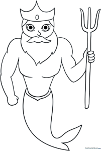 Black and white line art of Poseidon holding a trident, featuring a long flowing beard and crown, ready for children to color.