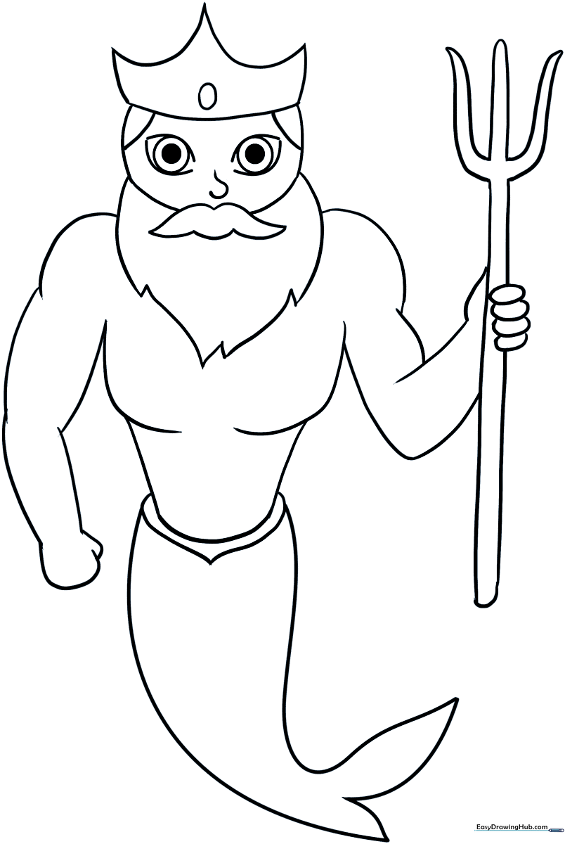 Black and white line art of Poseidon holding a trident, featuring a long flowing beard and crown, ready for children to color.