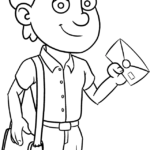 A friendly cartoon postman wearing a uniform and cap, holding a stack of letters, ready to be colored by children.