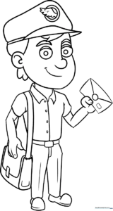 A friendly cartoon postman wearing a uniform and cap, holding a stack of letters, ready to be colored by children.