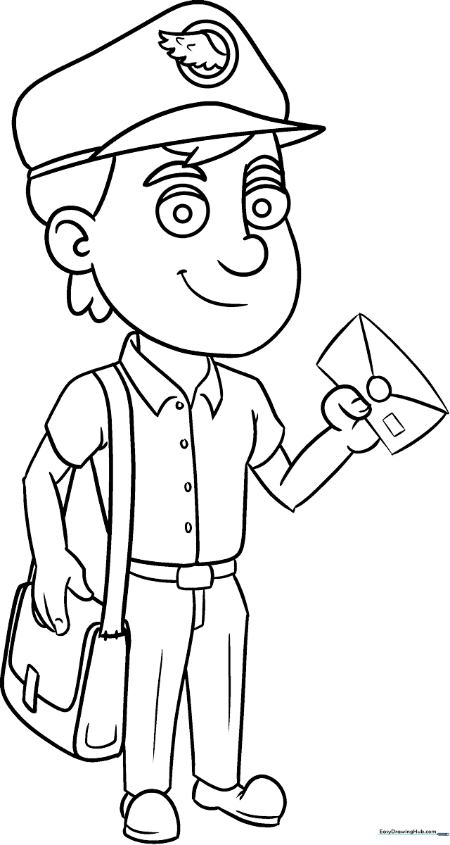 A friendly cartoon postman wearing a uniform and cap, holding a stack of letters, ready to be colored by children.