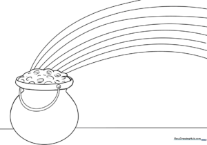 Black and white line art of a round pot overflowing with gold coins, designed for children to color.