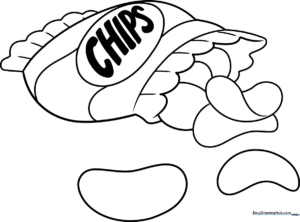 Black and white line art of a bag of potato chips with individual wavy chips scattered in front, designed for children to color.