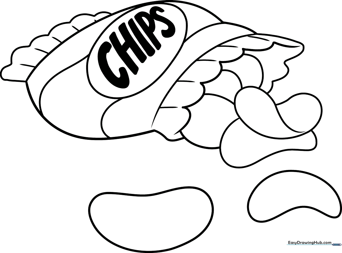 Black and white line art of a bag of potato chips with individual wavy chips scattered in front, designed for children to color.