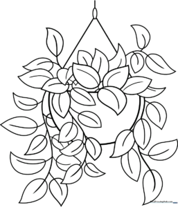 Black and white line art of a Pothos plant in a hanging pot with heart-shaped leaves, ready for children to color.