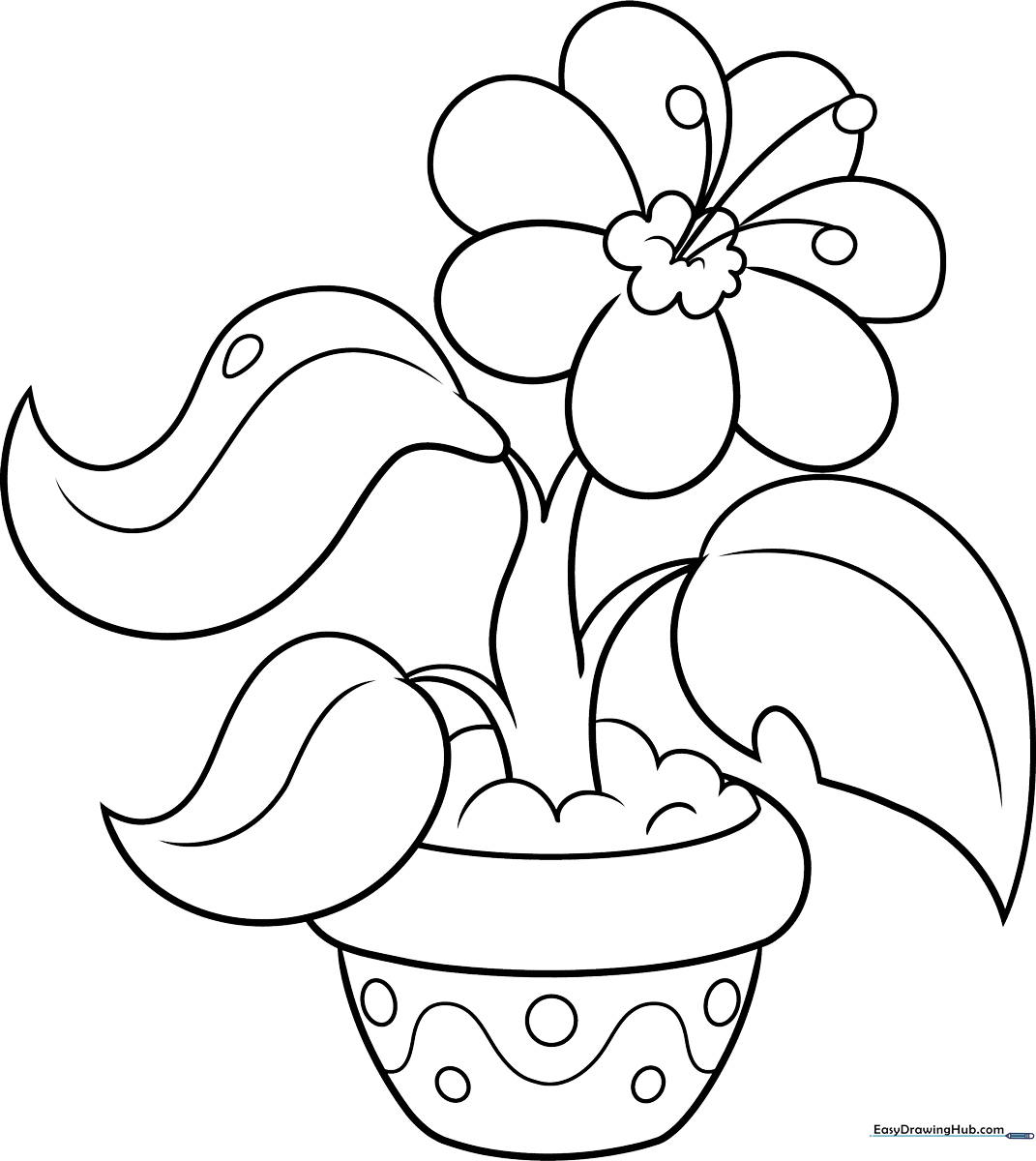 Black and white line art of a potted plant with rounded leaves, ideal for children to practice coloring within the lines.