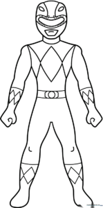 Black and white line art of a Power Ranger in a dynamic standing pose, featuring clean outlines for easy coloring by children.