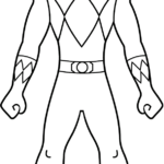 Black and white line art of a Power Ranger in a dynamic standing pose, featuring clean outlines for easy coloring by children.