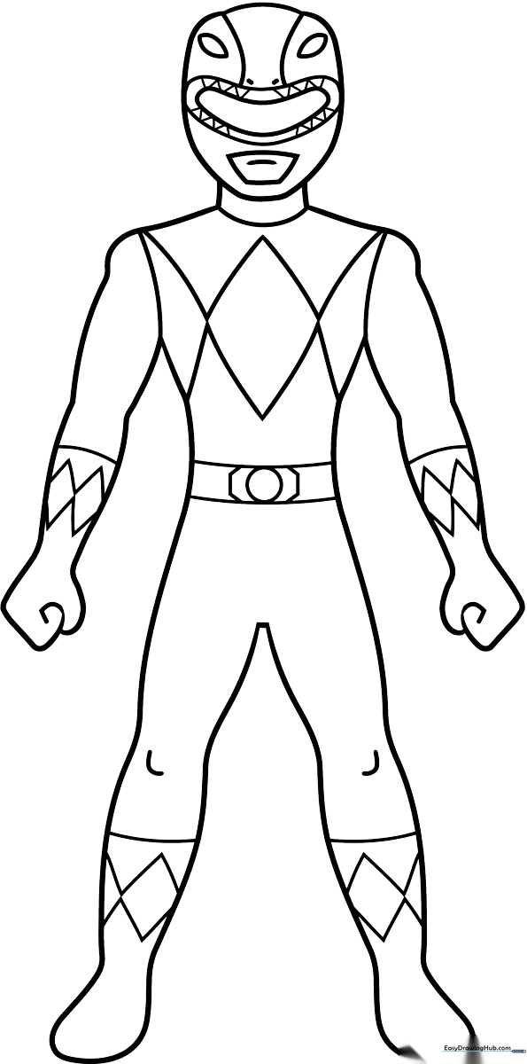 Black and white line art of a Power Ranger in a dynamic standing pose, featuring clean outlines for easy coloring by children.