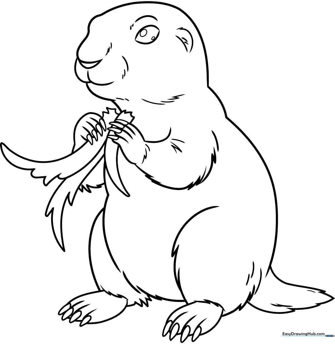 A friendly cartoon prairie dog standing upright with wide eyes, featuring bold, clear outlines perfect for young children to color.
