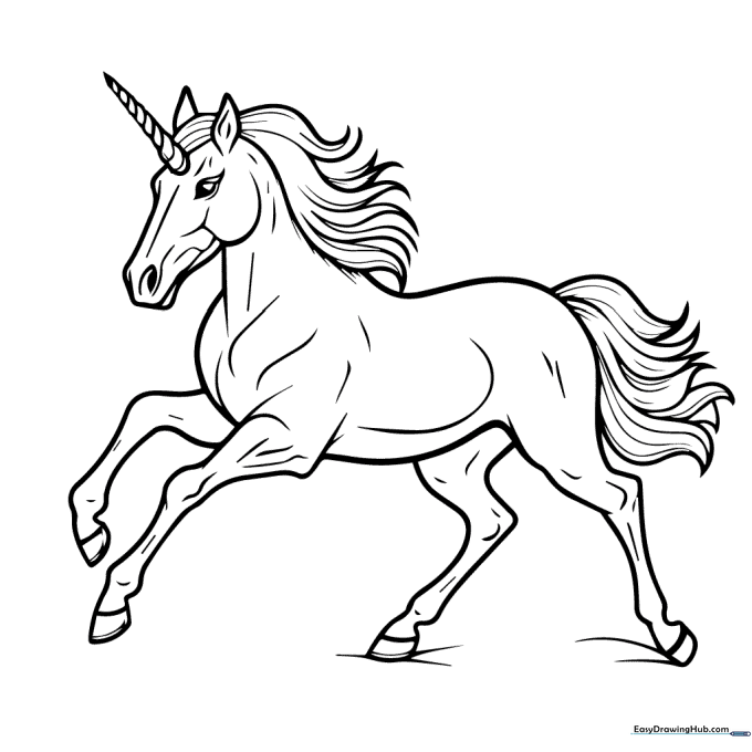 Line art illustration of a prancing unicorn with a flowing mane and tail, designed as a coloring activity for children.