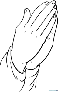 Line art illustration of two hands pressed together in prayer, featuring clear outlines for easy coloring and shading practice.