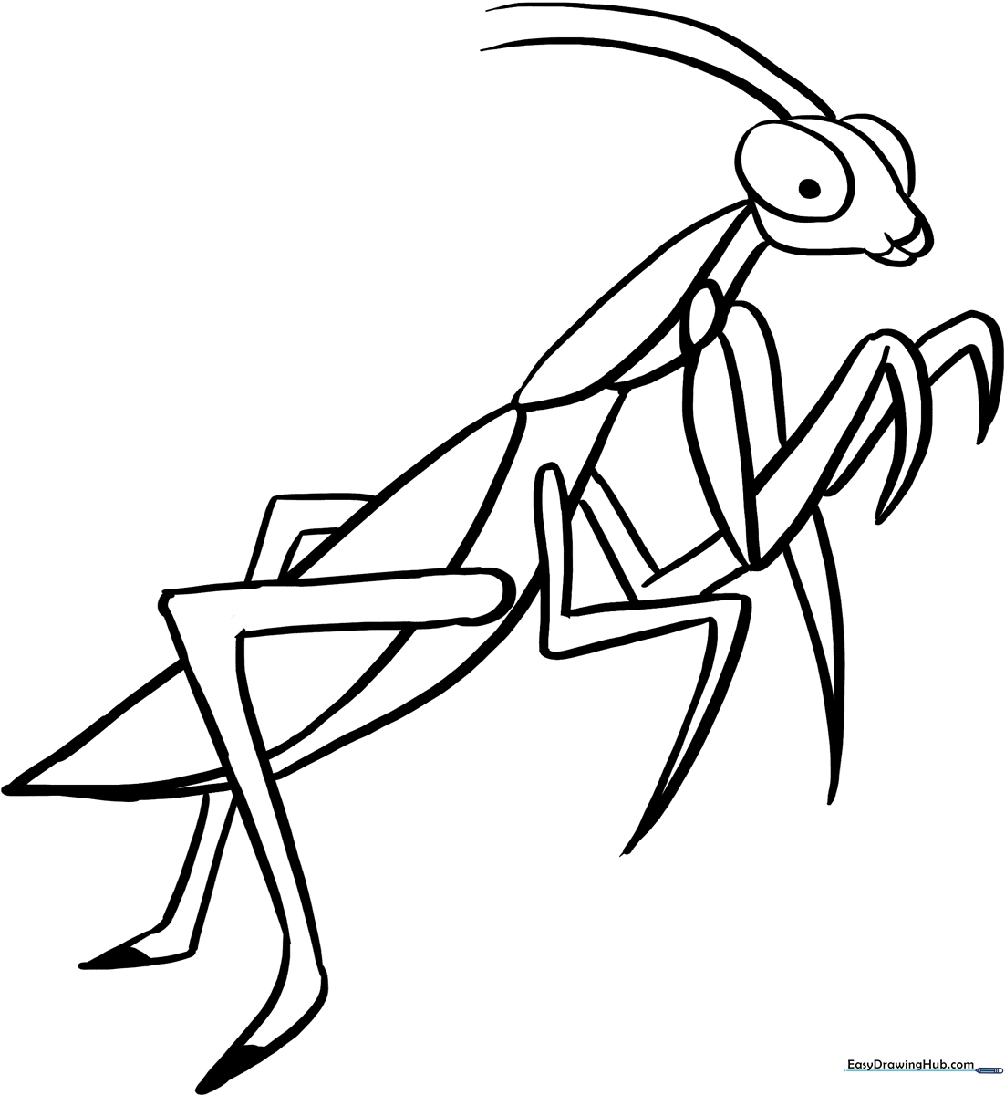 A friendly cartoon praying mantis with large eyes and folded front legs, outlined in bold black lines on a white background for easy coloring.