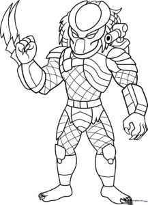 Detailed line art of the Predator character featuring his signature helmet and armor, ready for coloring on an 8.5x11 printable sheet.