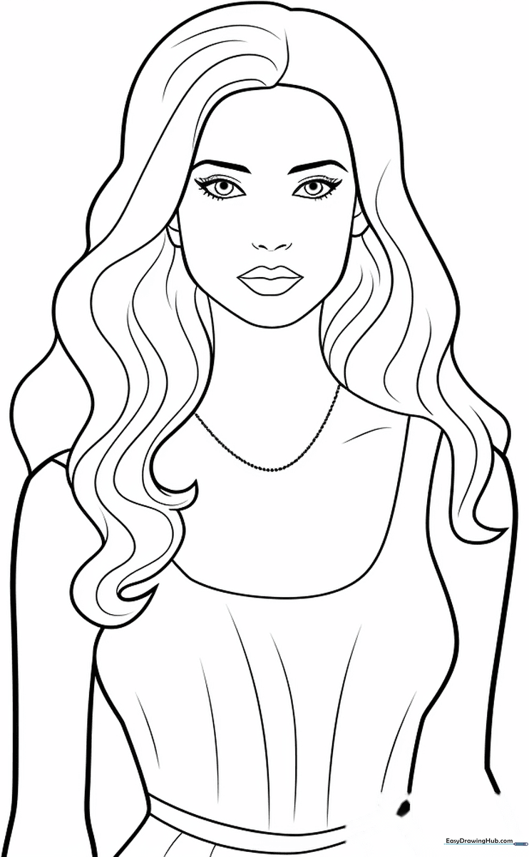 Black and white line art of Barbie with stylish hair and fashionable outfit, ready for coloring with markers or crayons.