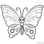 A friendly cartoon butterfly with large, symmetrical wings featuring bold outlines, perfect for young children to practice coloring within the lines.