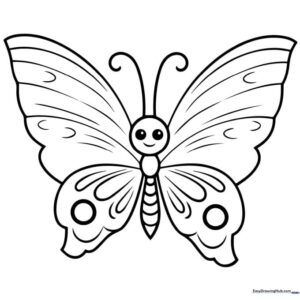 A friendly cartoon butterfly with large, symmetrical wings featuring bold outlines, perfect for young children to practice coloring within the lines.