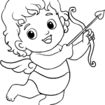 A cute, simple line-art illustration of Cupid holding a bow, designed for children to practice coloring within the lines.