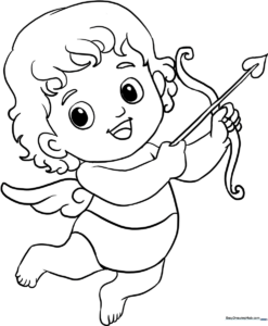 A cute, simple line-art illustration of Cupid holding a bow, designed for children to practice coloring within the lines.