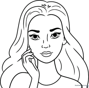 A clean, black-and-white line art illustration of a cheerful girl with stylish hair, designed for children to color with crayons or markers.